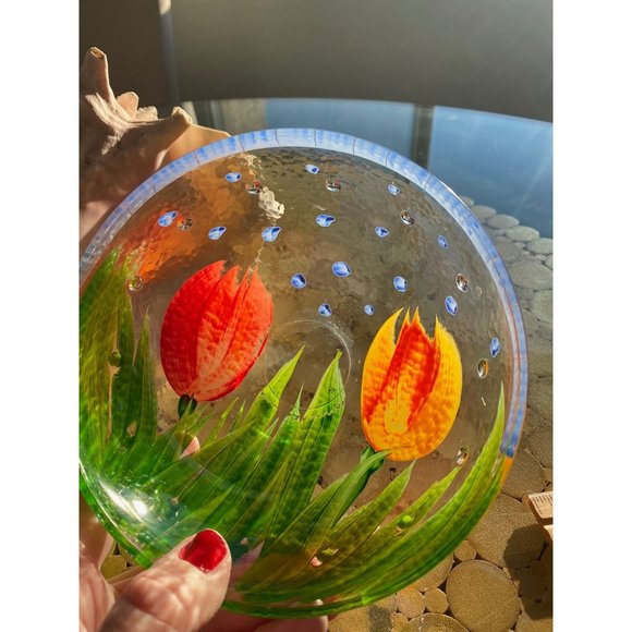 Hand Painted Tulip Fused Glass Bowls with embellished Dots /Set 2 - Picture 2 of 7